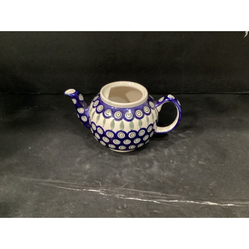 Boleslawiec Polish Pottery Teapot Painted Peacock Pattern No Lid